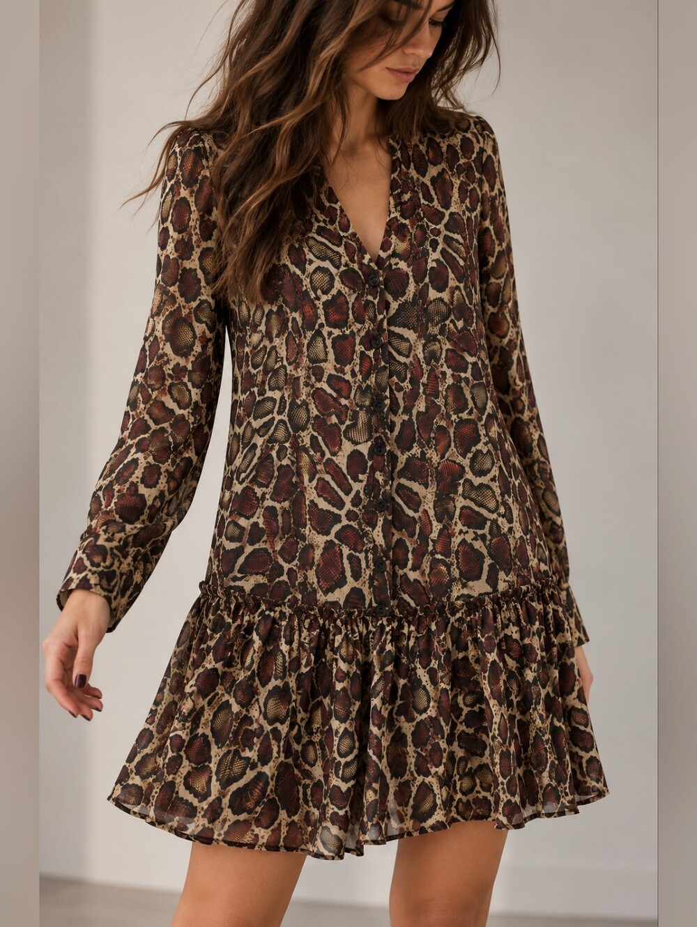 Zara Animal Print Drop Waist Ruffle Button Front Mini Dress – Burgundy Brown – M